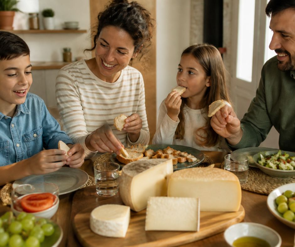 familia comiendo queso en casa como parte de una dieta saludable para fortalecer los huesos