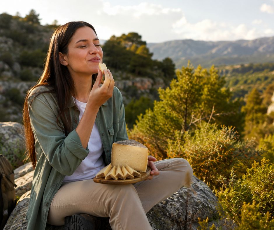 mujer disfrutando queso curado de oveja en plena naturaleza rodeada de montañas y paisaje rural español