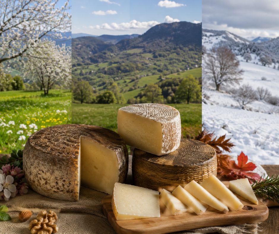 tabla con queso de cabra y oveja en un paisaje natural que refleja la influencia de las estaciones en su sabor