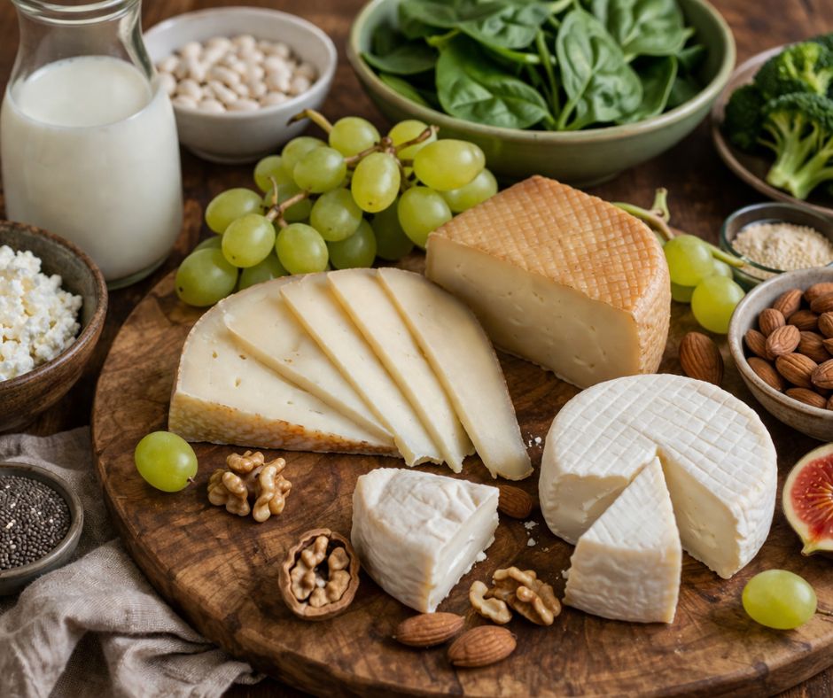 tabla con queso de cabra y oveja de La Pastora de Grazalema acompañado de alimentos saludables ricos en calcio