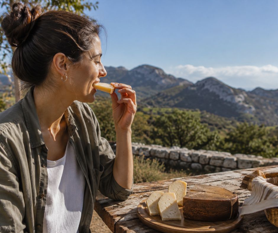 persona disfrutando un trozo de queso en la sierra durante septiembre, en plena transición del verano al otoño