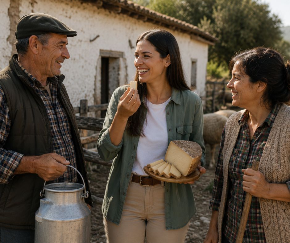mujer compartiendo queso curado de oveja con ganaderos en un entorno rural tradicional rodeado de naturaleza y campo español