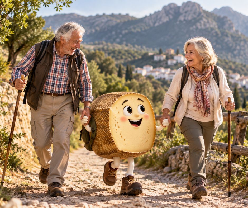 pareja mayor compartiendo hábitos saludables y caminatas con un queso animado