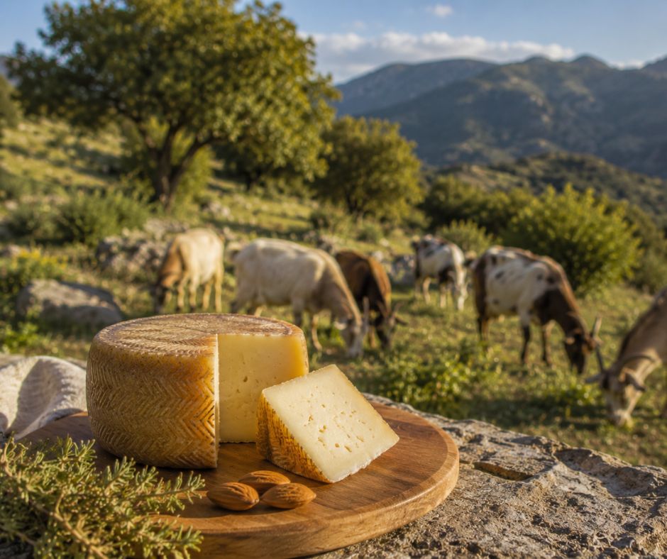 queso de cabra en primer plano con ganado pastando en la sierra durante el cambio de estación de finales de verano a septiembre
