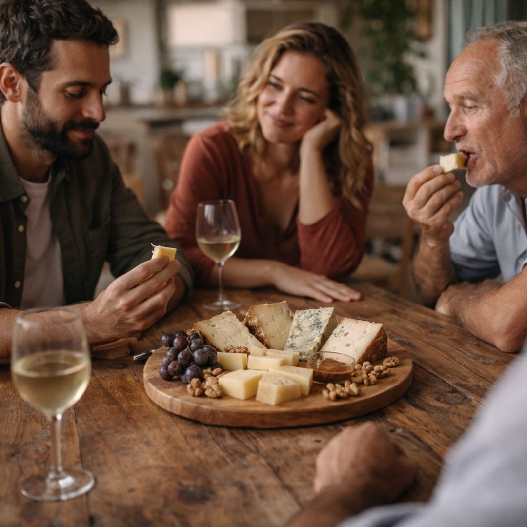 Queso que se queda cuando la celebración termina compartido en una mesa tranquila con varias personas