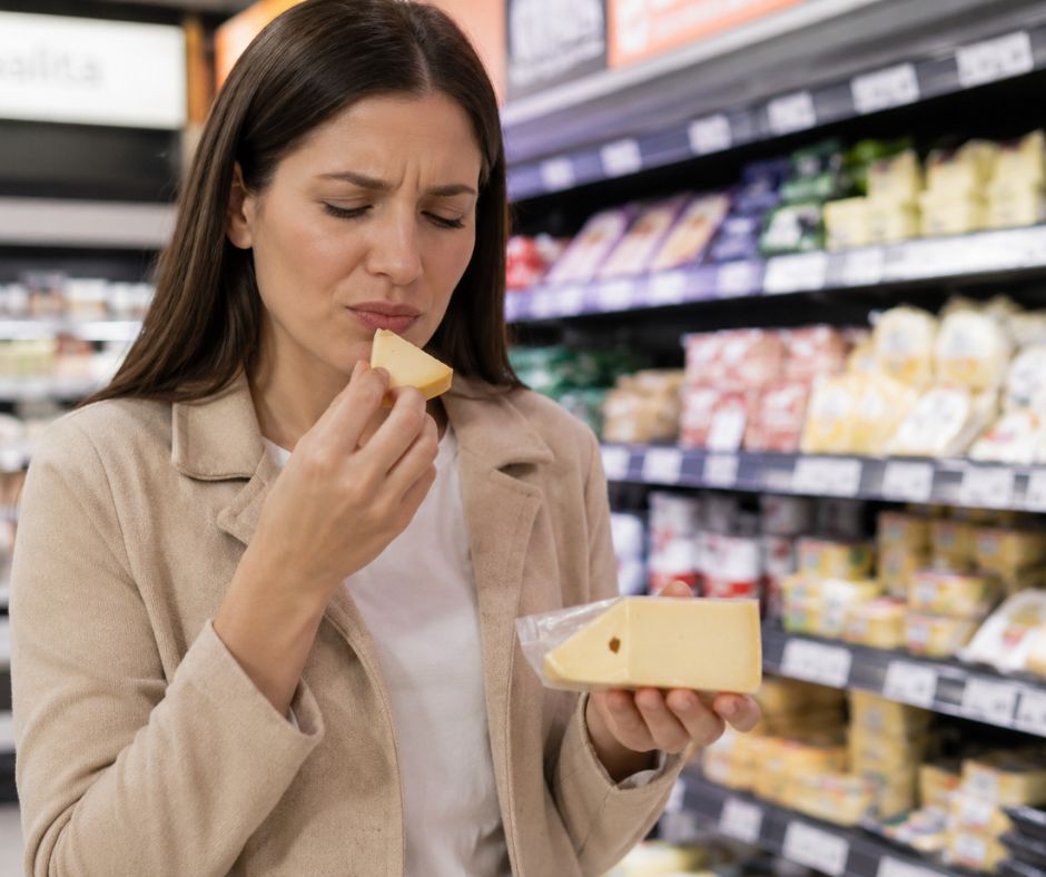 mujer probando queso industrial en un supermercado con gesto de poca satisfacción al comerlo