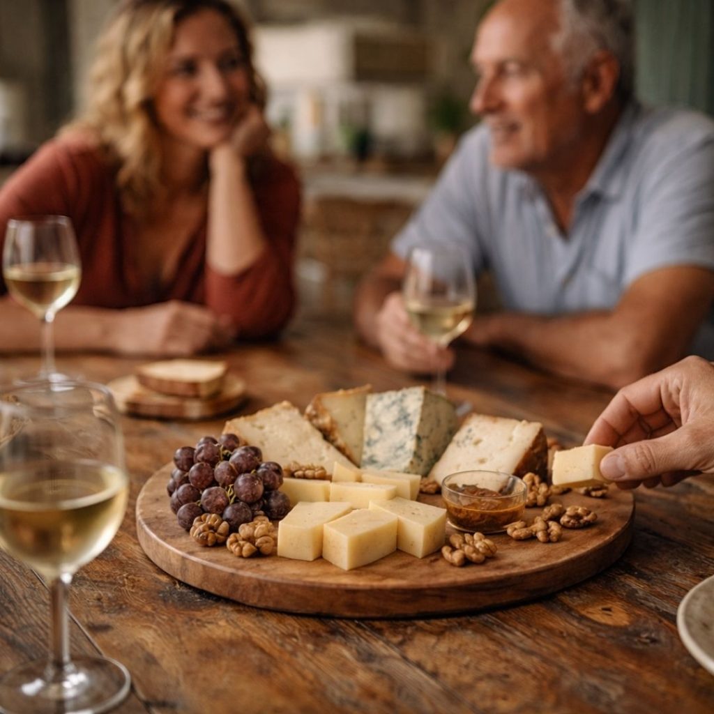 Sobremesa tranquila con varias personas compartiendo queso en una mesa después de una celebración